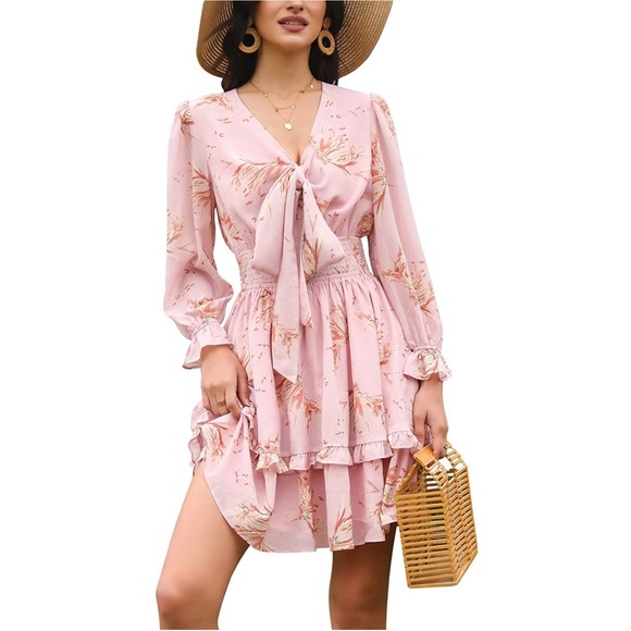 Dresses & Skirts - EXLURA Pink Floral Fron-tie Long Sleeve Dress